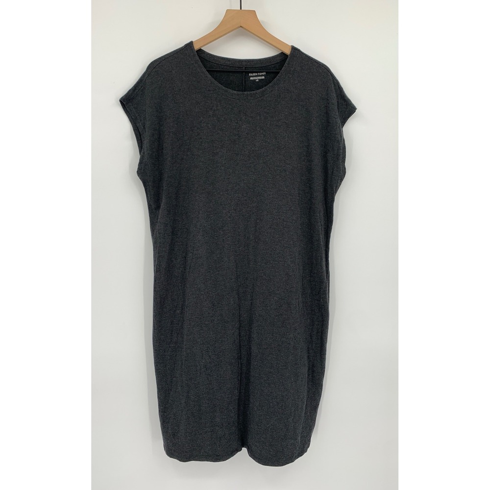 Eileen Fisher Dress Womens Large Gray T-Shirt Tencel Knit Cap Sleeve Casual